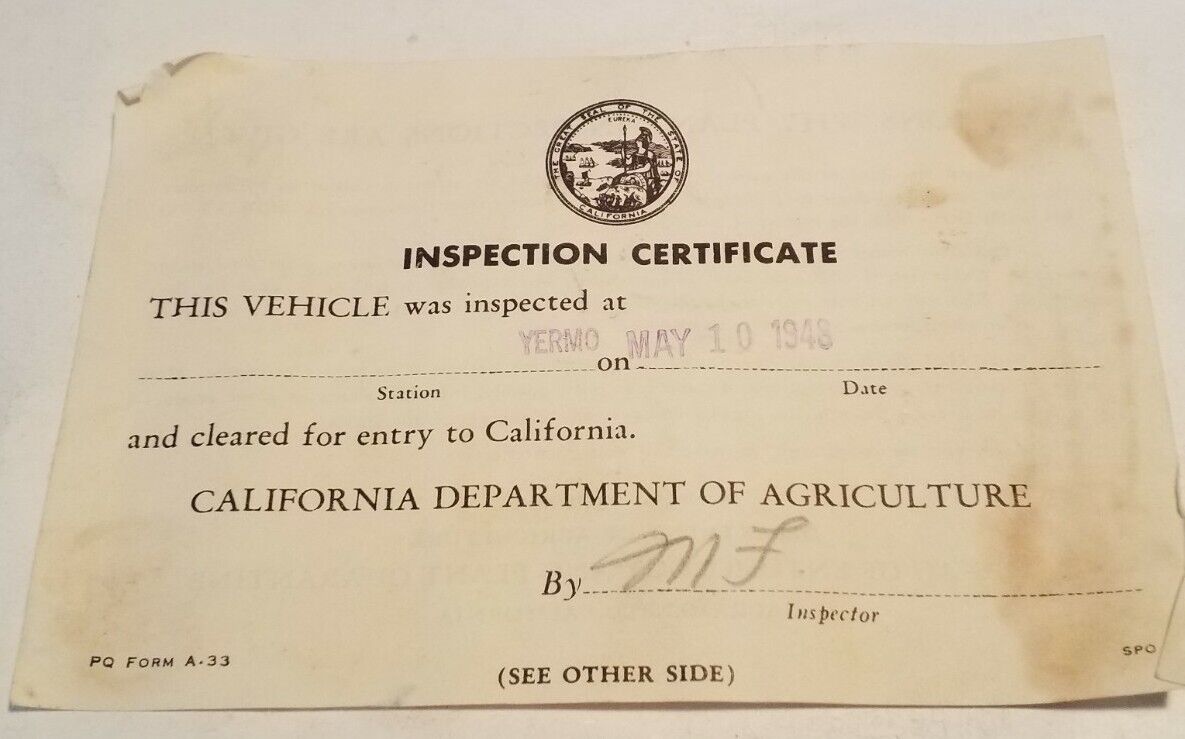 1948 California Vehicle Inspection, By California Department Of Agriculture