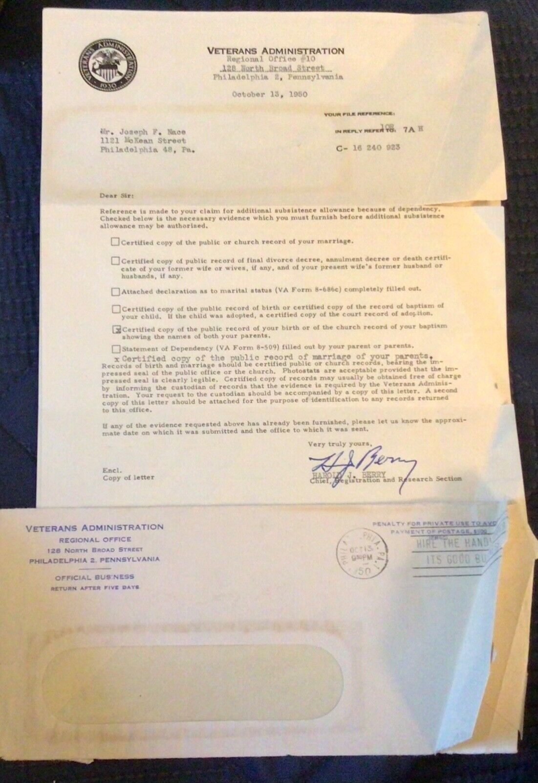 1950 Letter Veterans Admin. Claim Due To Dependancy