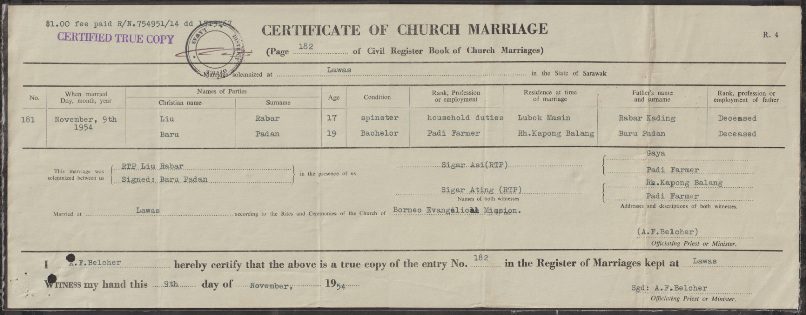 (a211)sarawak Document 1954 Cert Of Church Marriage District Office Lawas Cachet