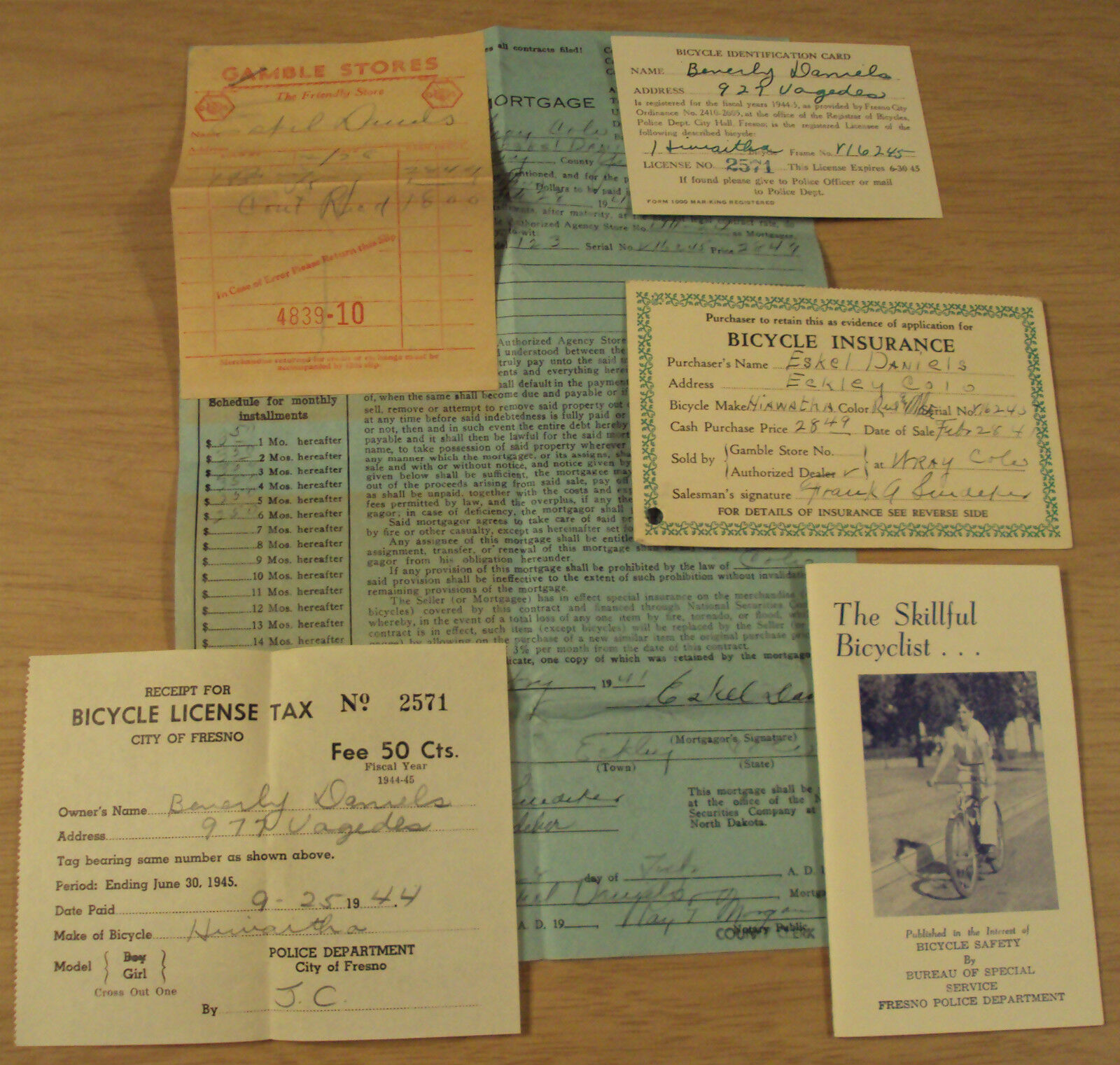 Vtg 1940's Lot Bicycle Papers~receipt/id/insurance/tax~fresno Ca Police~ephemera